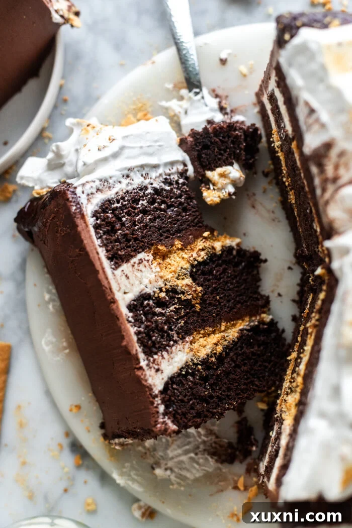 A slice of vegan s'mores cake on a marble surface with a bite taken, revealing its luscious layers