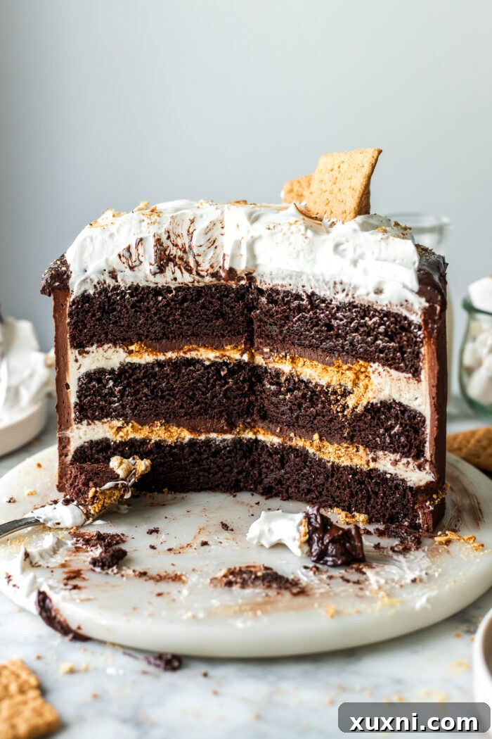 A stunning full view of the assembled and sliced vegan s'mores cake