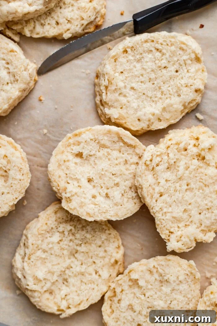 a freshly baked vegan biscuit sliced open to reveal its flaky layers