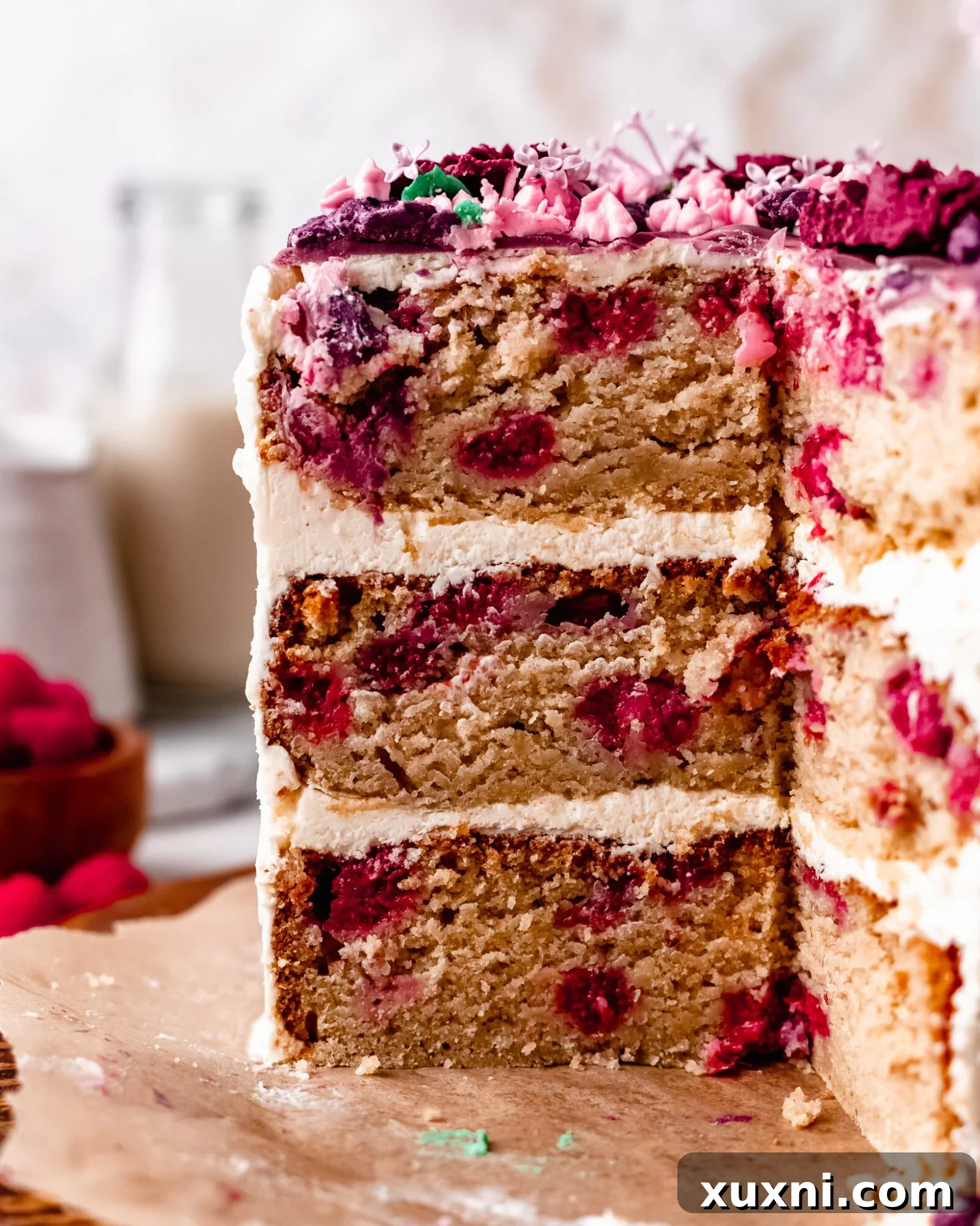 sliced vegan raspberry cake
