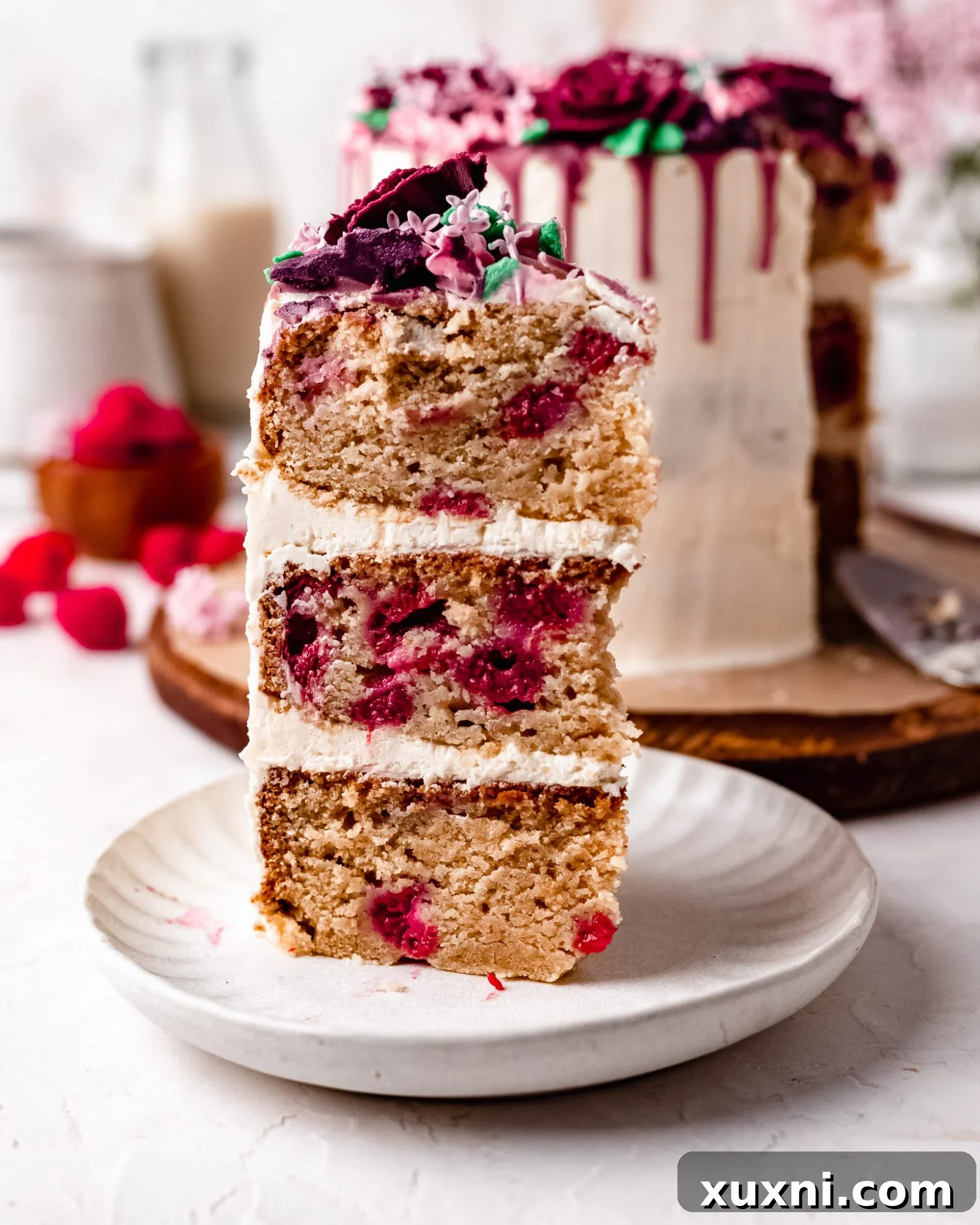 slice of white chocolate raspberry cake