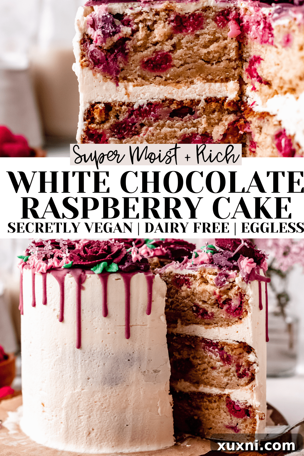 Amazing White Chocolate Raspberry Cake (Vegan + Eggless!)