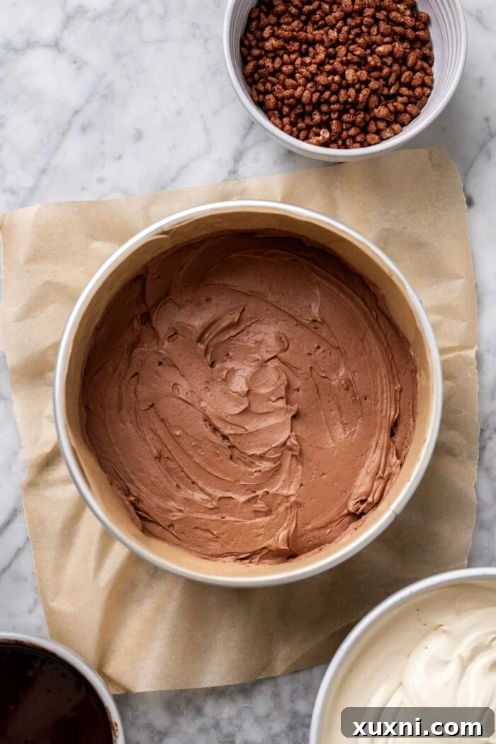 Effortless Plant-Based Gluten-Free Ice Cream Cake 12 A step-by-step image of assembling the vegan ice cream cake, showing the initial layer of chocolate ice cream being spread into a springform pan.