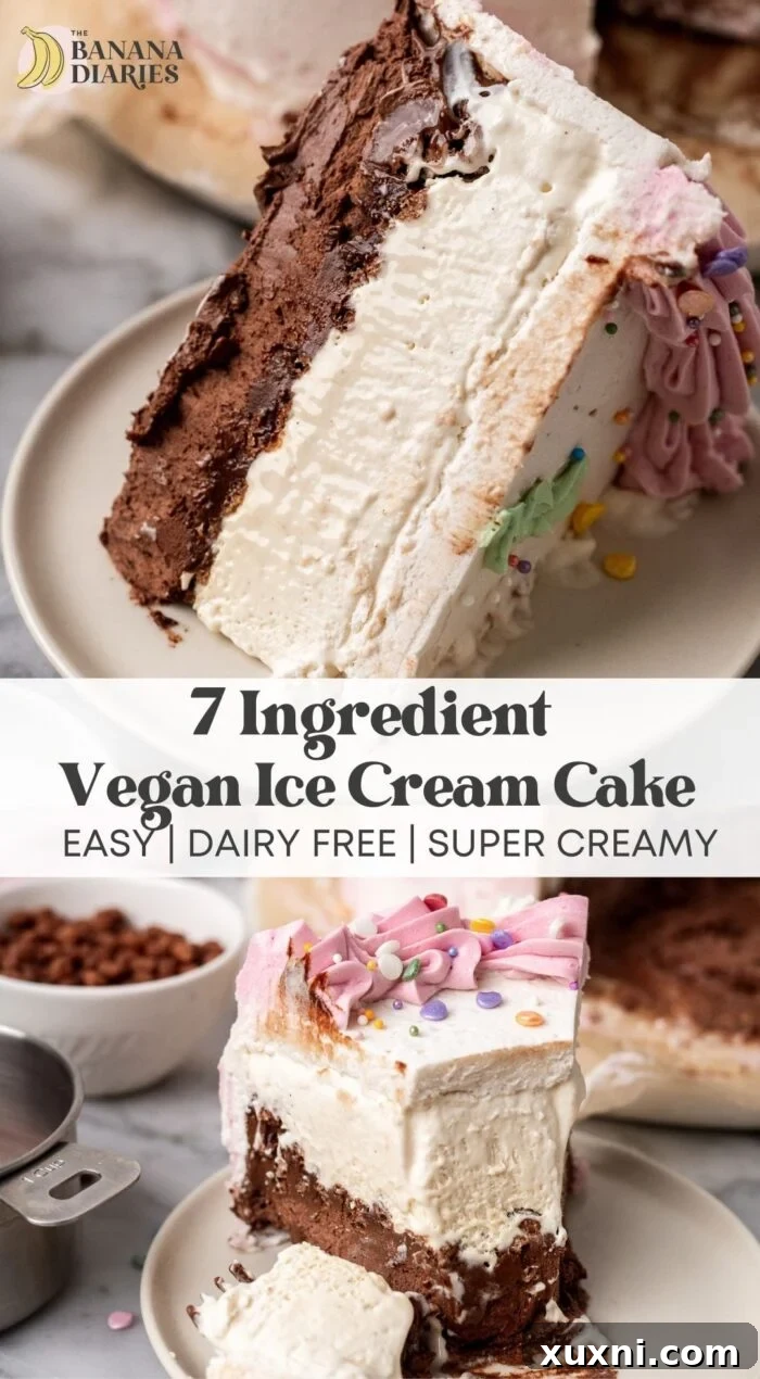 Effortless Plant-Based Gluten-Free Ice Cream Cake 17 A Pinterest-friendly image of the Easy Homemade Vegan Ice Cream Cake - Gluten Free! to save the recipe for later.