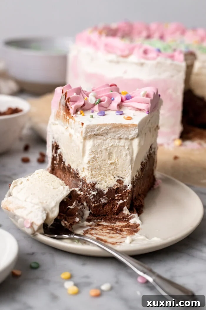 Effortless Plant-Based Gluten-Free Ice Cream Cake 4 A close-up shot of a single slice of vegan ice cream cake with a bite taken out, highlighting the irresistible layers and crunchy center.