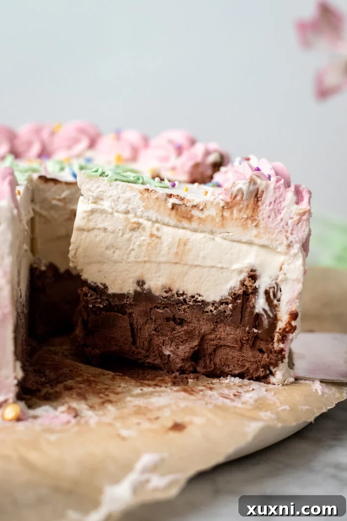 Effortless Plant-Based Gluten-Free Ice Cream Cake 5 A vibrant slice of homemade vegan ice cream cake, beautifully showcasing the distinct layers of chocolate, crunchy crisps, and vanilla ice cream, ready to be enjoyed.