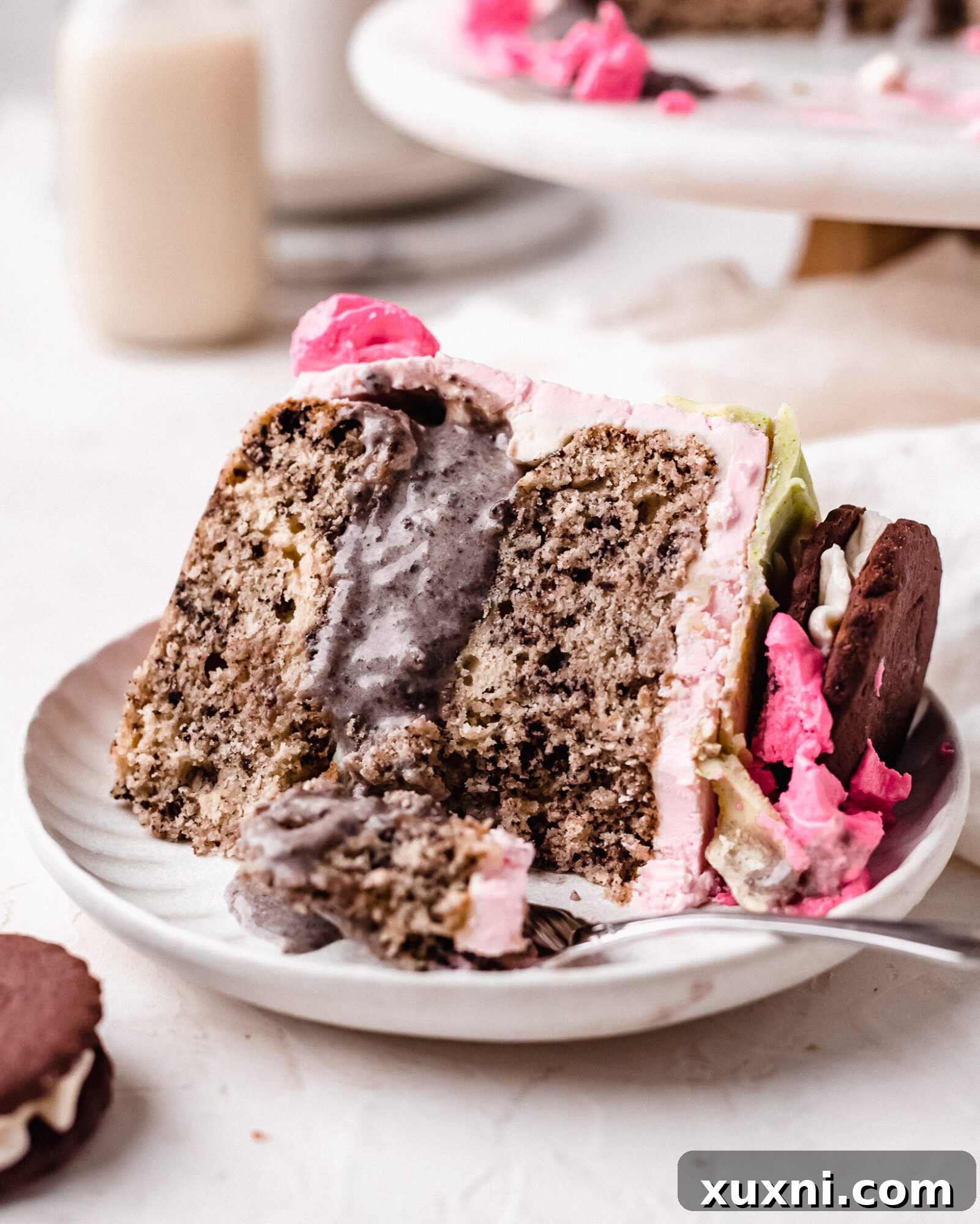 Slice of dairy-free mint Oreo ice cream cake