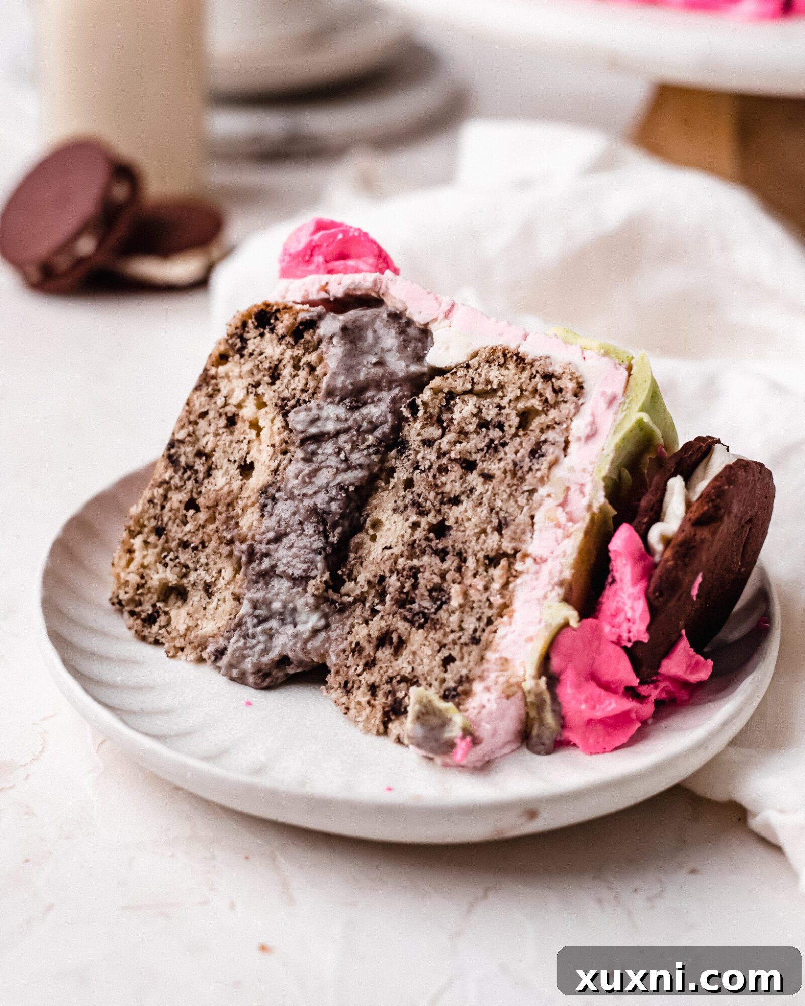Perfect slice of vegan Oreo ice cream cake