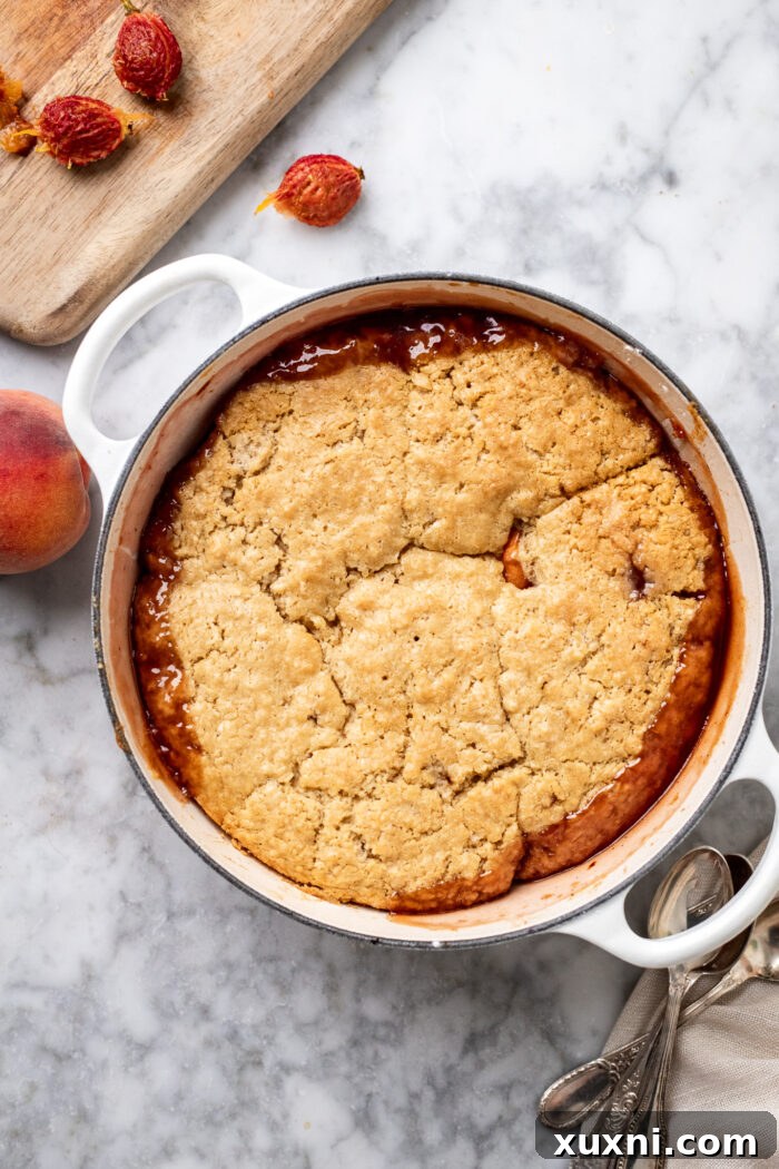 peach cobbler after being baked
