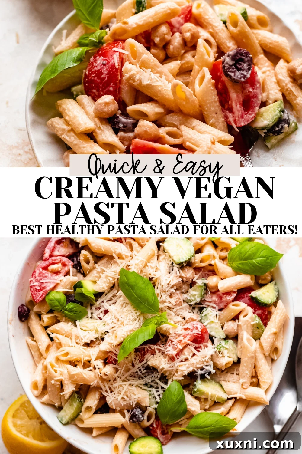 Easy + Healthy Vegan Pasta Salad (Gluten Free!) - A final image of the beautifully garnished creamy vegan pasta salad, ready to be pinned and shared.