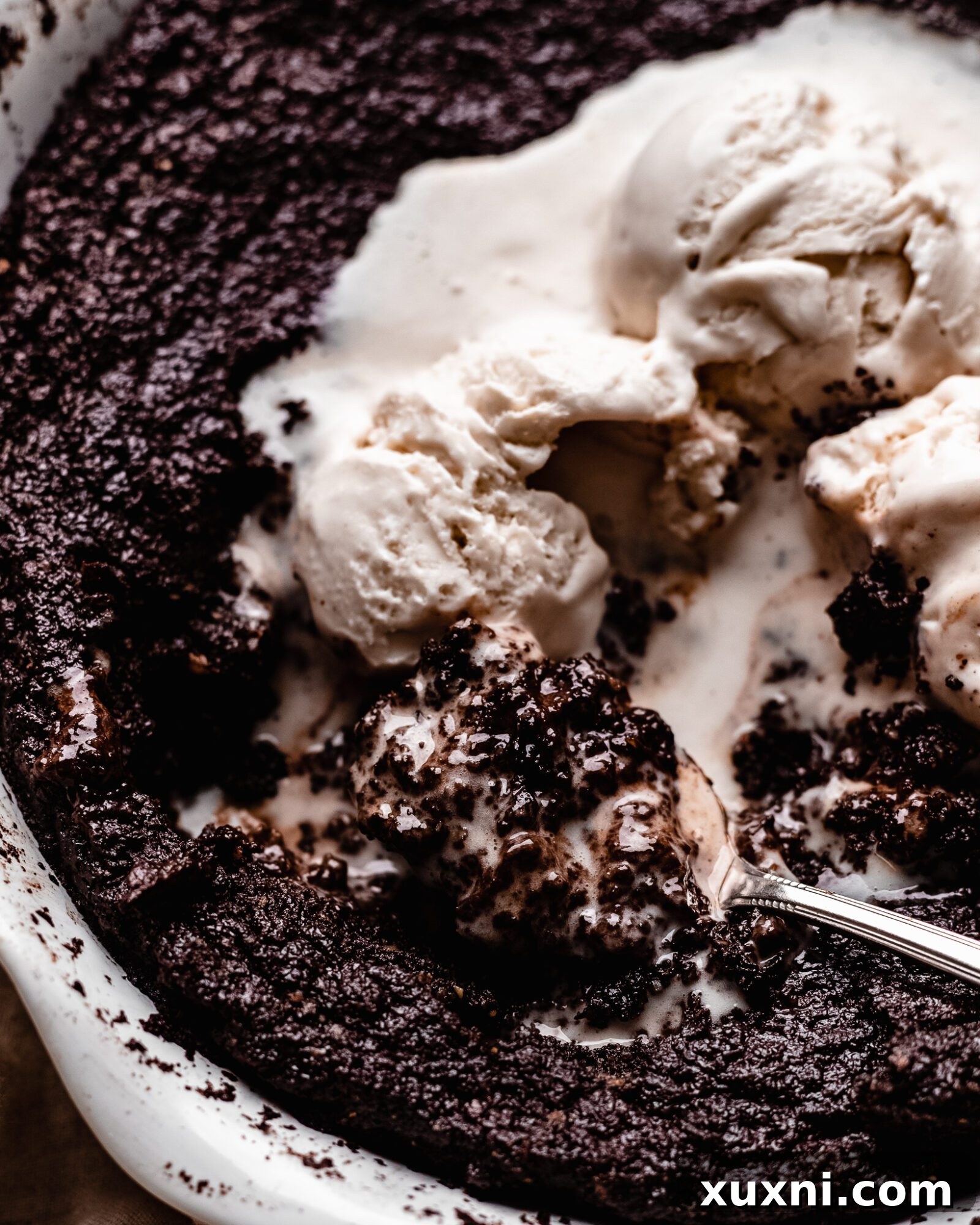 Gooey skillet brownie with visible melted chocolate chips.