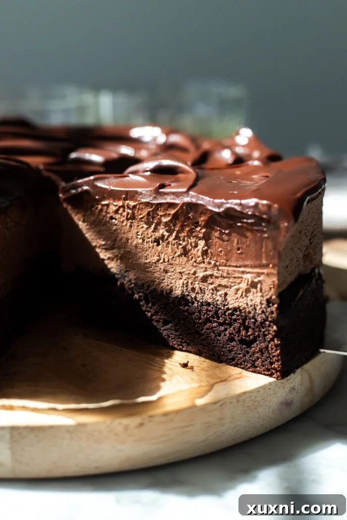 sliced vegan chocolate mousse cake