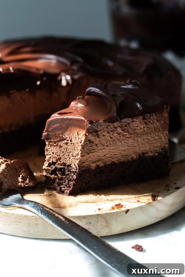 bitten slice of vegan chocolate mousse cake