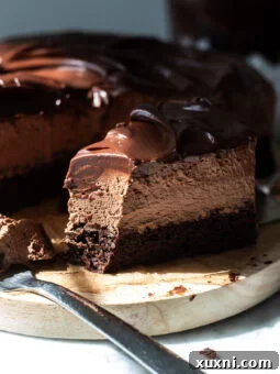 bitten slice of vegan chocolate mousse cake