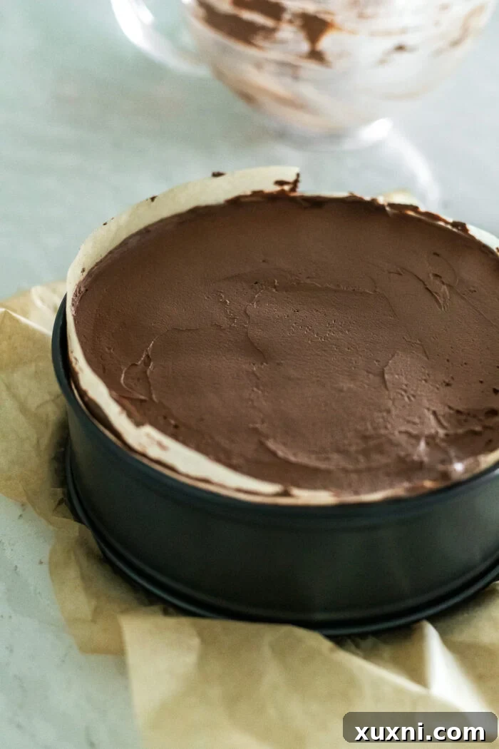 chocolate mousse cake before setting