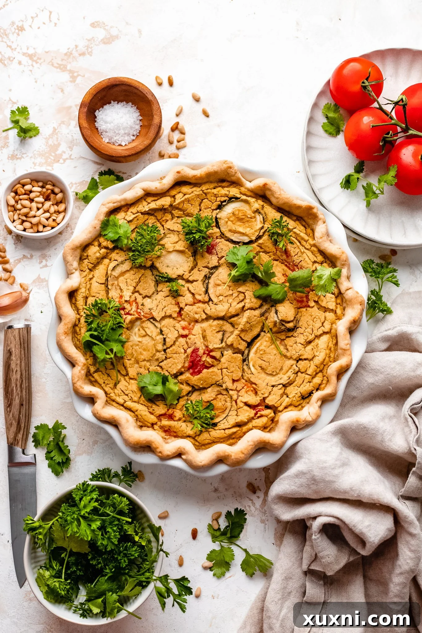 baked vegan quiche fresh out of the oven