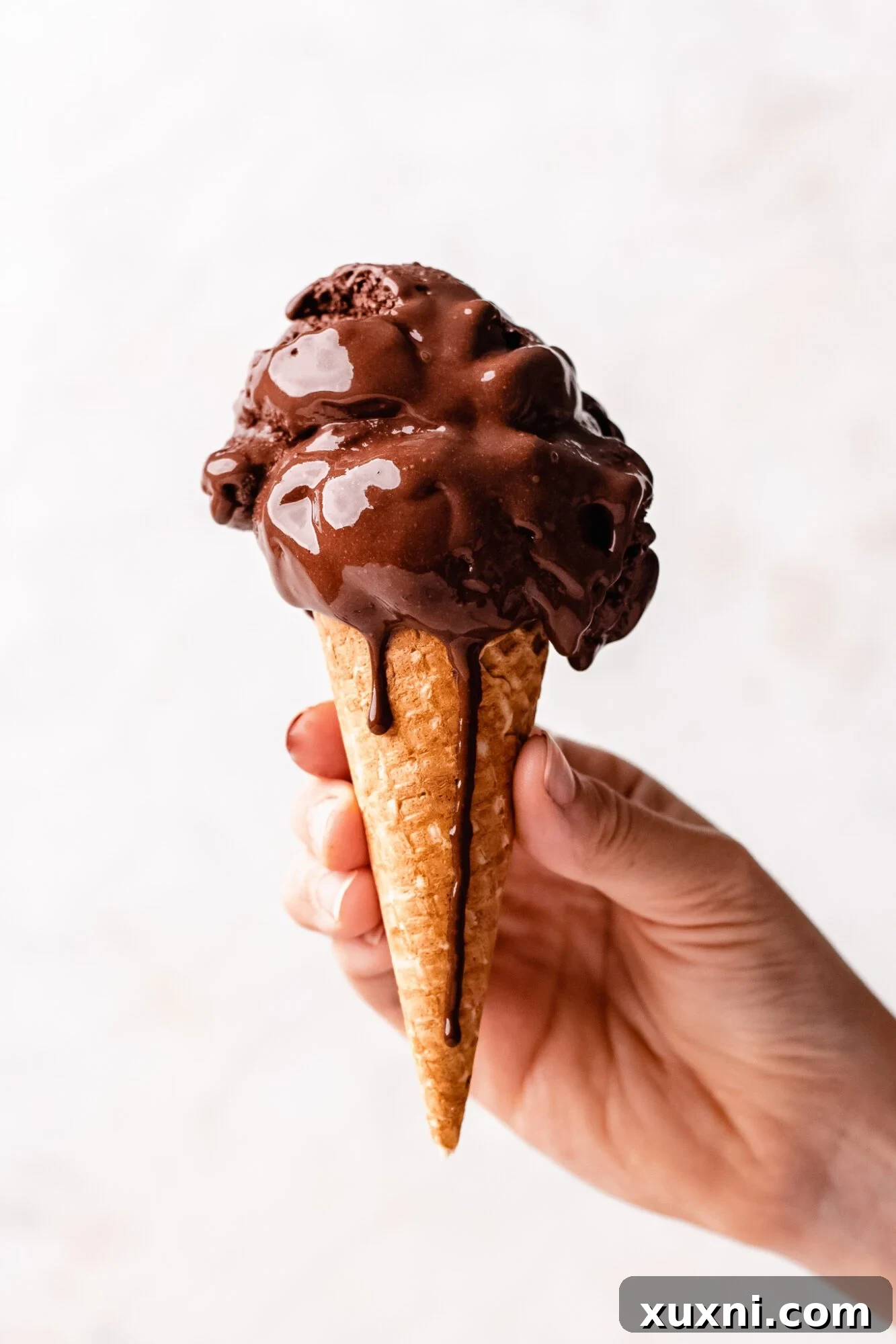 Scoops of creamy homemade vegan chocolate ice cream, made without coconut or soy.