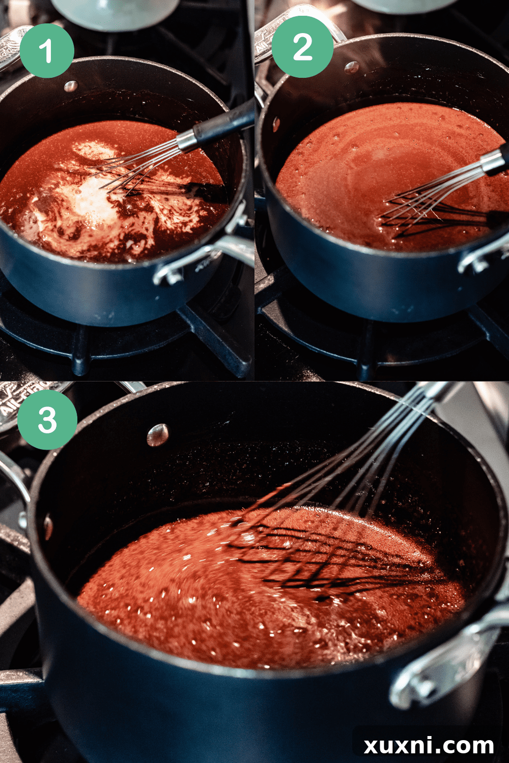 Thick, rich vegan chocolate custard simmering in a saucepan before chilling.