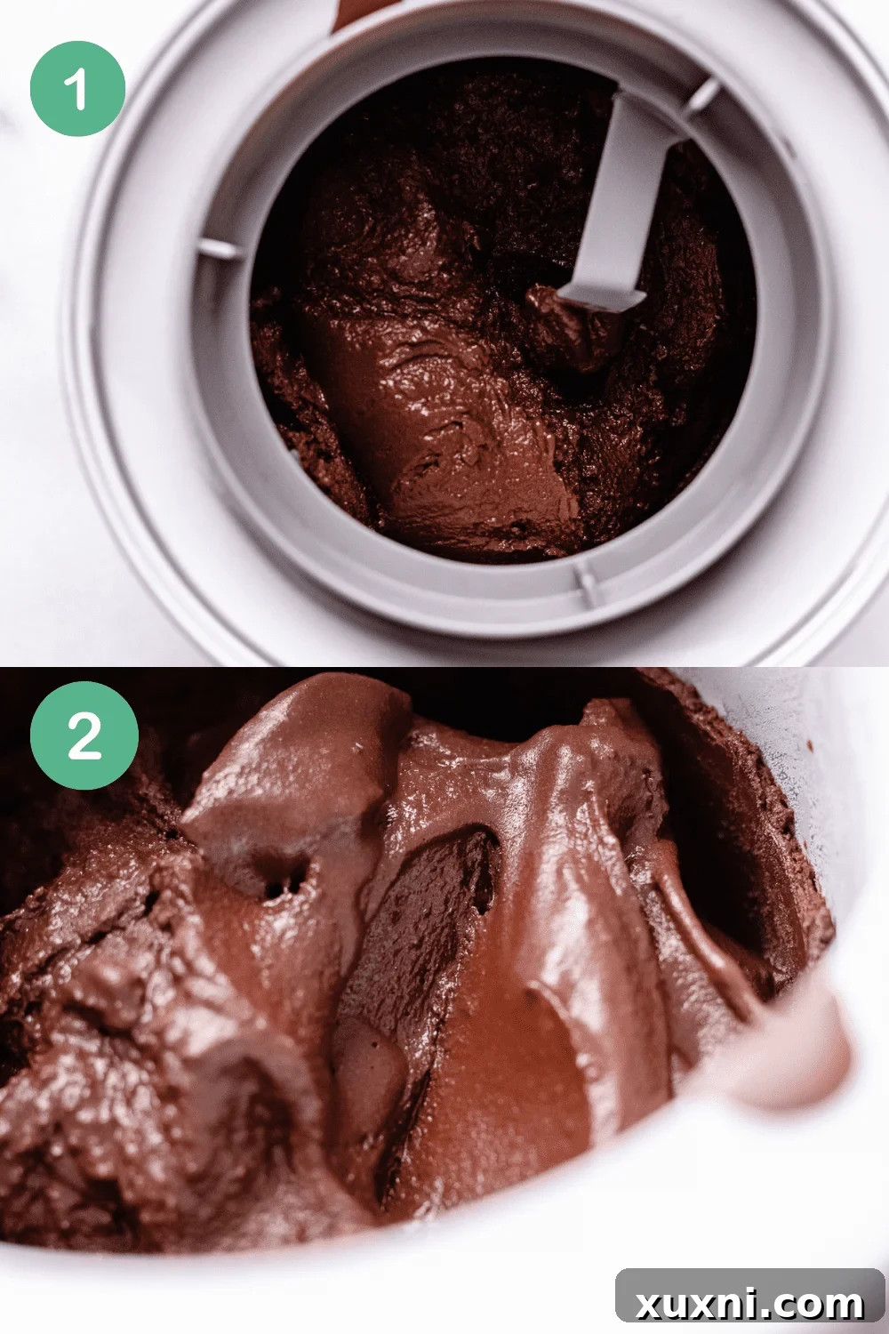 Vegan chocolate ice cream being churned in an ice cream maker.