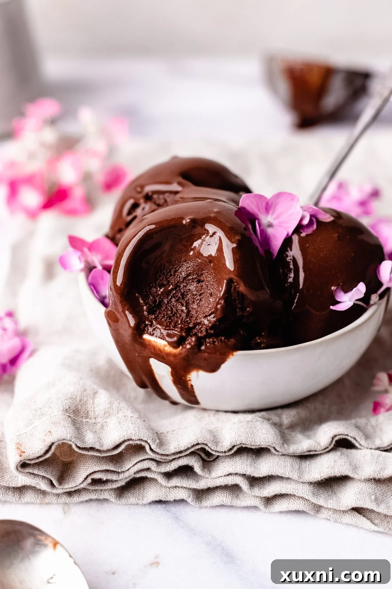 A bowl of creamy, partially eaten vegan chocolate ice cream, showing its rich texture.
