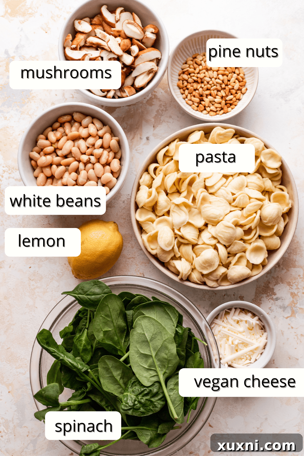 Velvety Vegan Mushroom and Spinach Pasta 3 A flat lay photograph showcasing all the fresh, simple ingredients required for making vegan mushroom pasta.