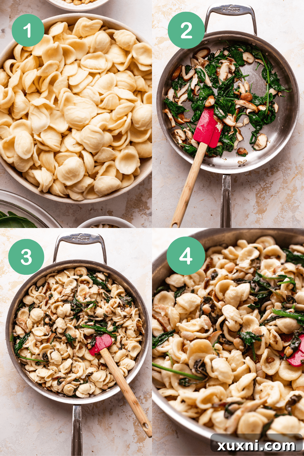 Velvety Vegan Mushroom and Spinach Pasta 4 A series of step-by-step images showing the process of making vegan mushroom pasta.