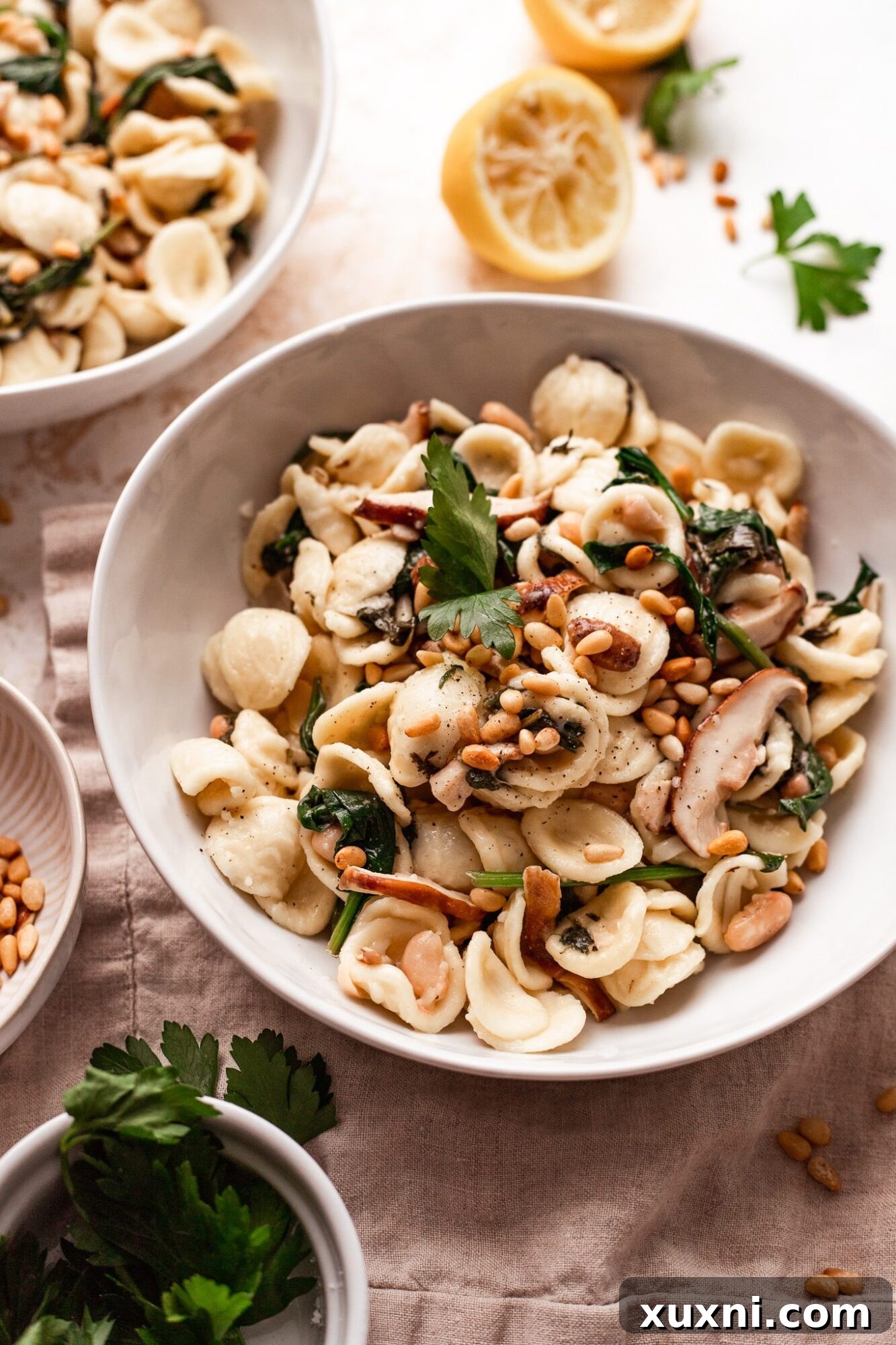 Velvety Vegan Mushroom and Spinach Pasta 6 A close-up shot of the creamy vegan mushroom pasta, highlighting its rich texture and fresh spinach.