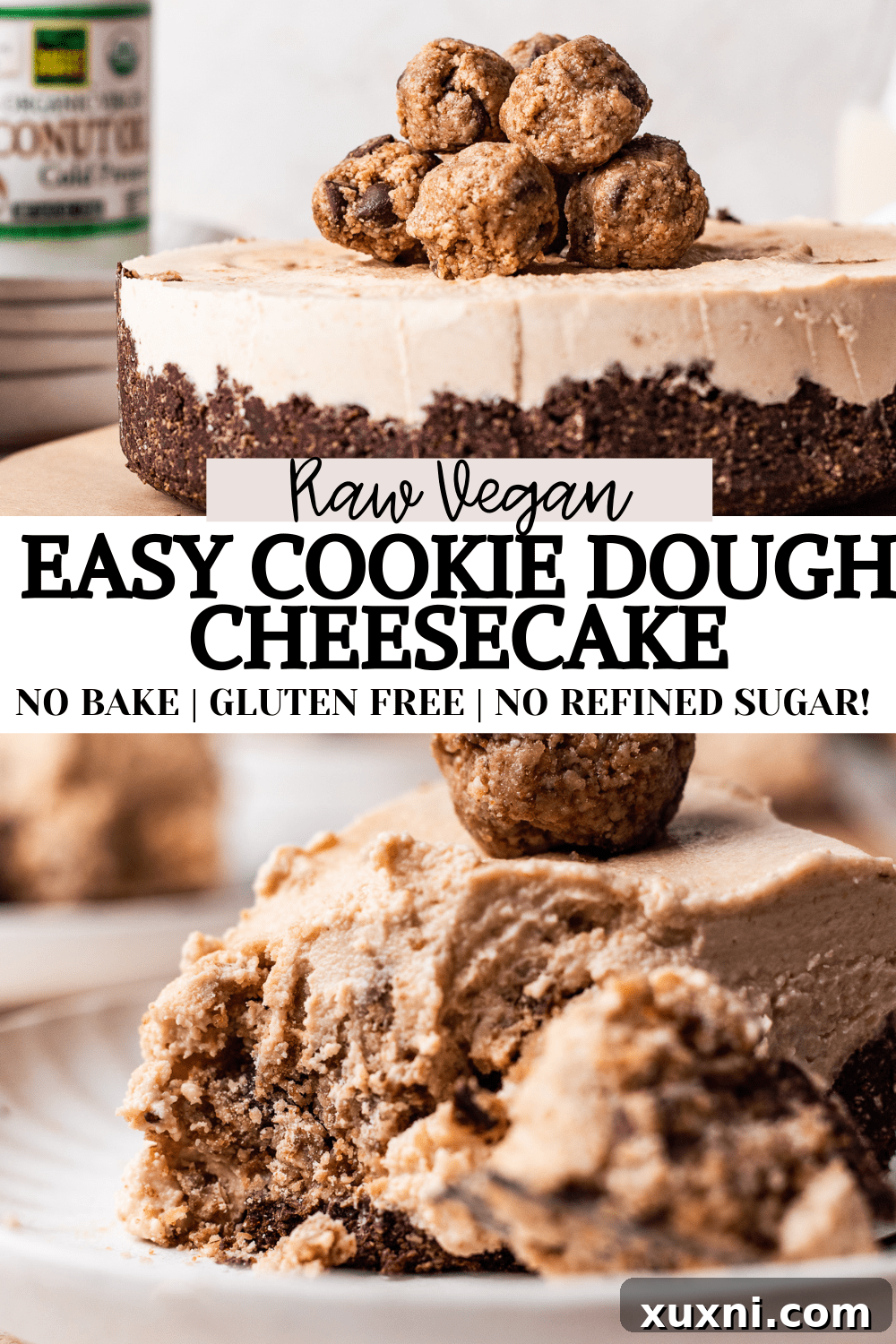 Raw Vegan No-Bake Cookie Dough Cheesecake (Gluten Free) on a dessert board