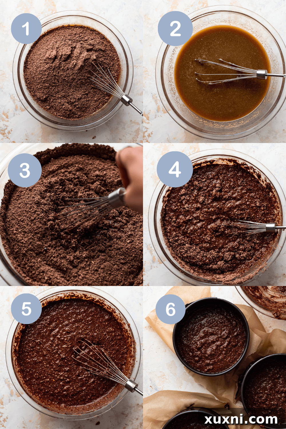 Irresistible Vegan Gluten-Free Chocolate Oat Cake 6 Step-by-step visual guide on how to make a gluten-free vegan chocolate cake from mixing to baking.