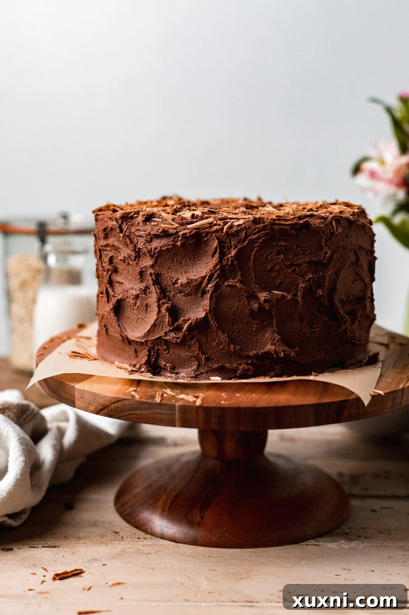 Irresistible Vegan Gluten-Free Chocolate Oat Cake 7 Beautifully frosted vegan gluten-free chocolate cake, ready to be served.