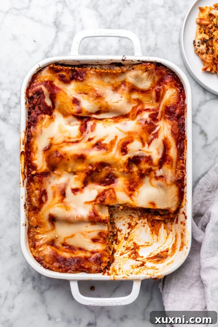 Sliced vegan lasagna recipe showing layers of pasta, lentil filling, and ricotta