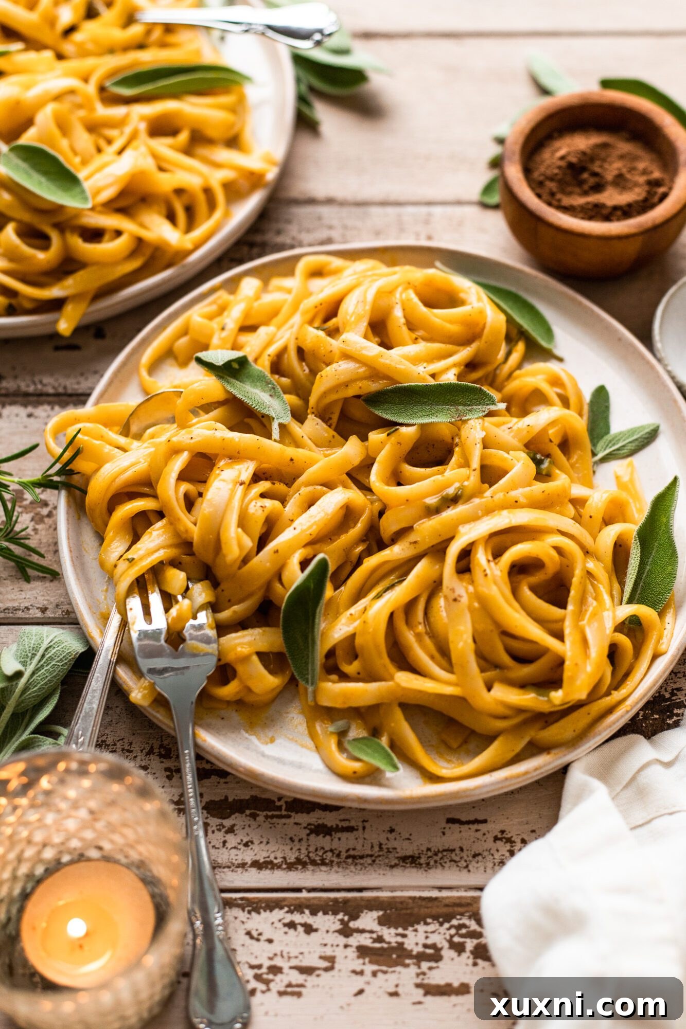 plate of finished vegan pumpkin pasta, ready to serve