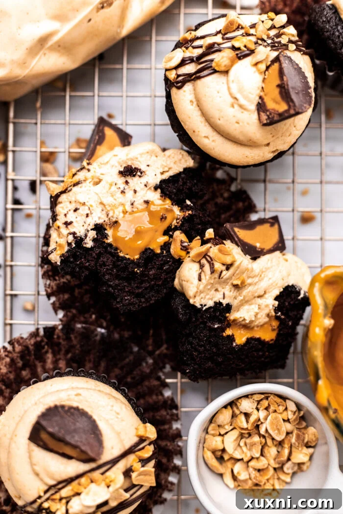 sliced open vegan chocolate peanut butter cupcakes revealing creamy filling