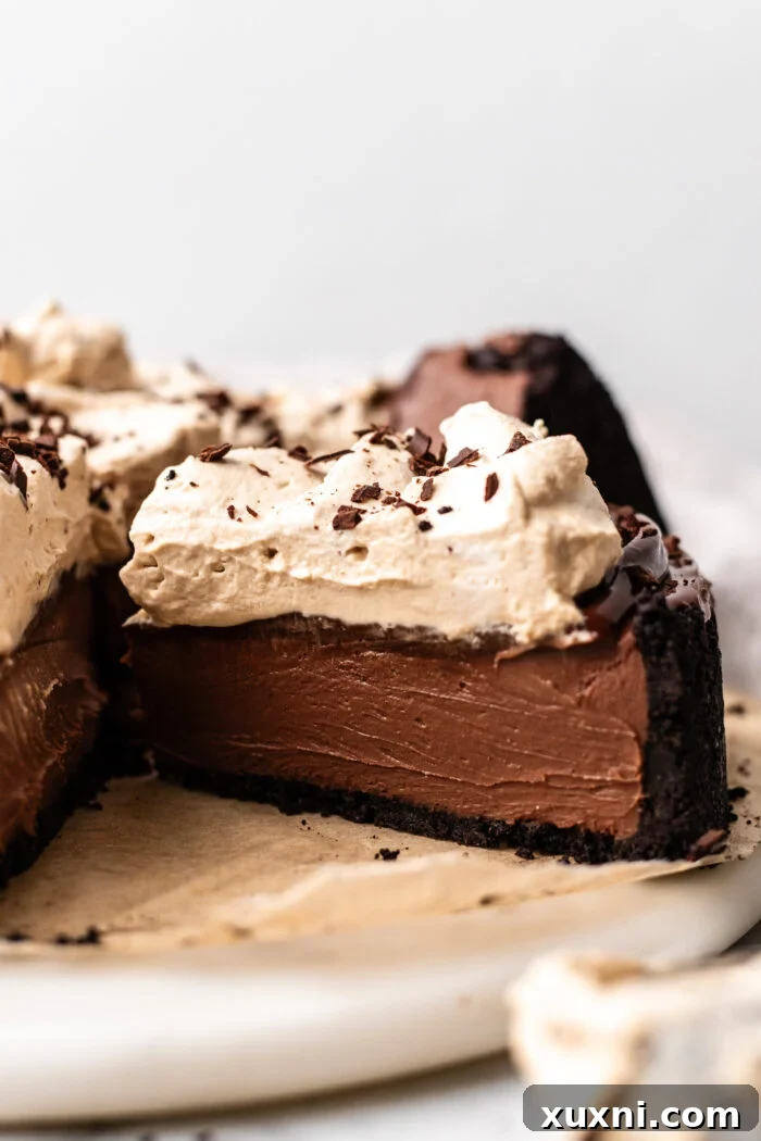 Sliced no-bake vegan chocolate cheesecake on a cake plate, showcasing its creamy texture and chocolate cookie crust