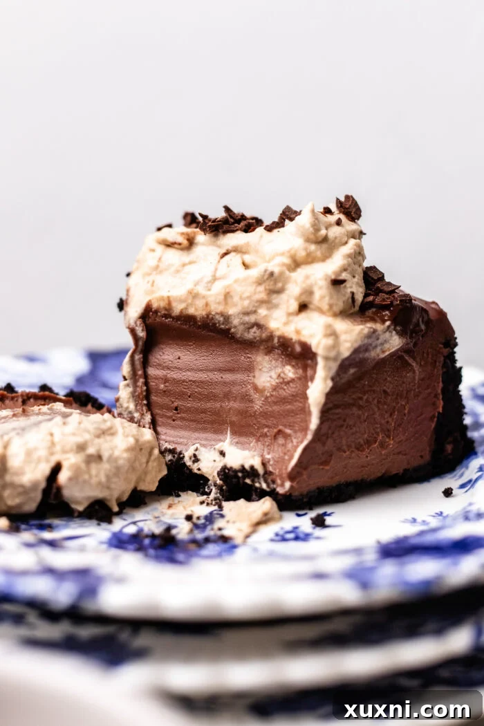 A slice of vegan chocolate cheesecake with a bite taken out, showing the rich filling and crunchy crust