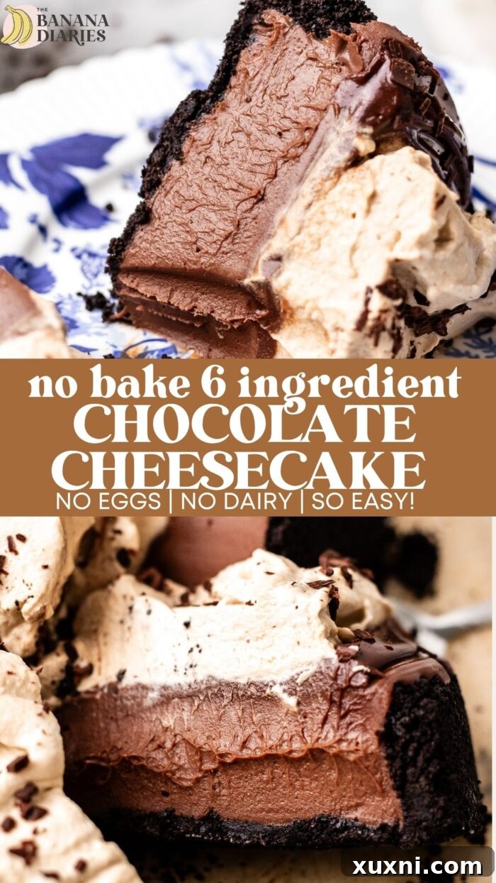 Pinterest pin image for 6 Ingredient No Bake Vegan Chocolate Cheesecake with Espresso Whipped Cream - No Nuts, No Tofu!