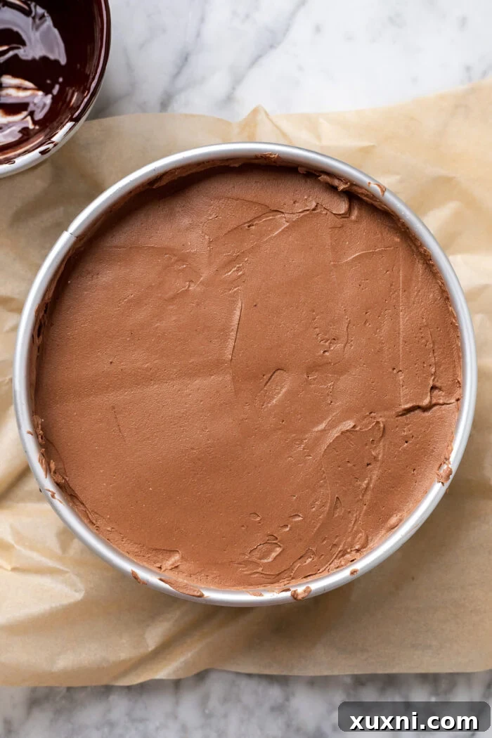 No-bake cheesecake in a springform pan before freezing