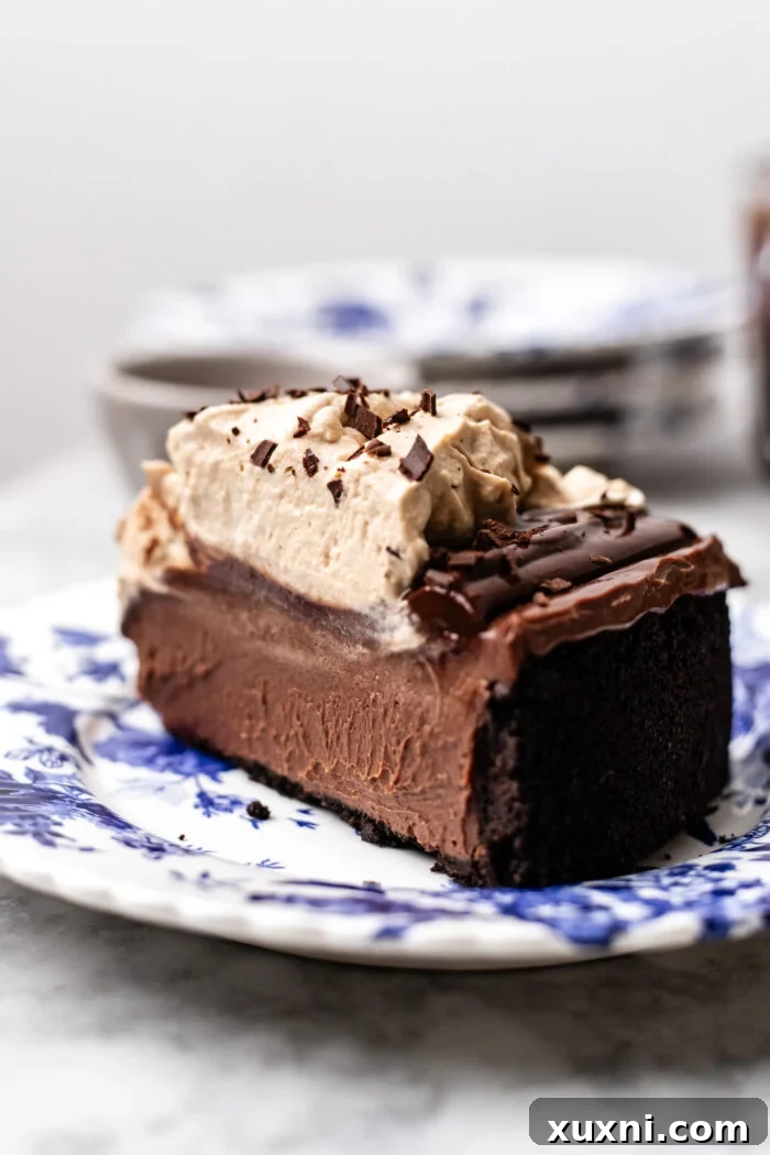 Slice of vegan no-bake chocolate cheesecake on a plate with espresso whipped cream