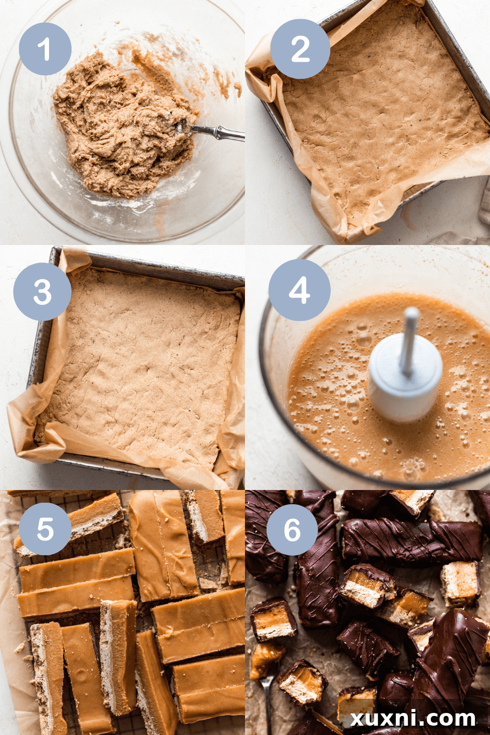 A visual guide showing the steps to make homemade vegan Twix bars.