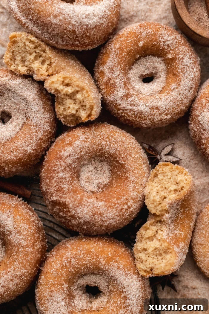 baked apple cider donuts on parchment paper, dusted with cinnamon sugar, evoking fall comfort