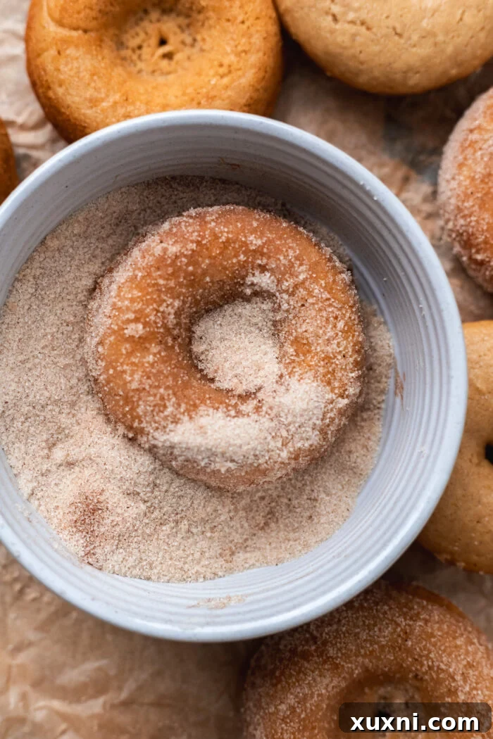 warm vegan apple cider donuts being coated in cinnamon sugar