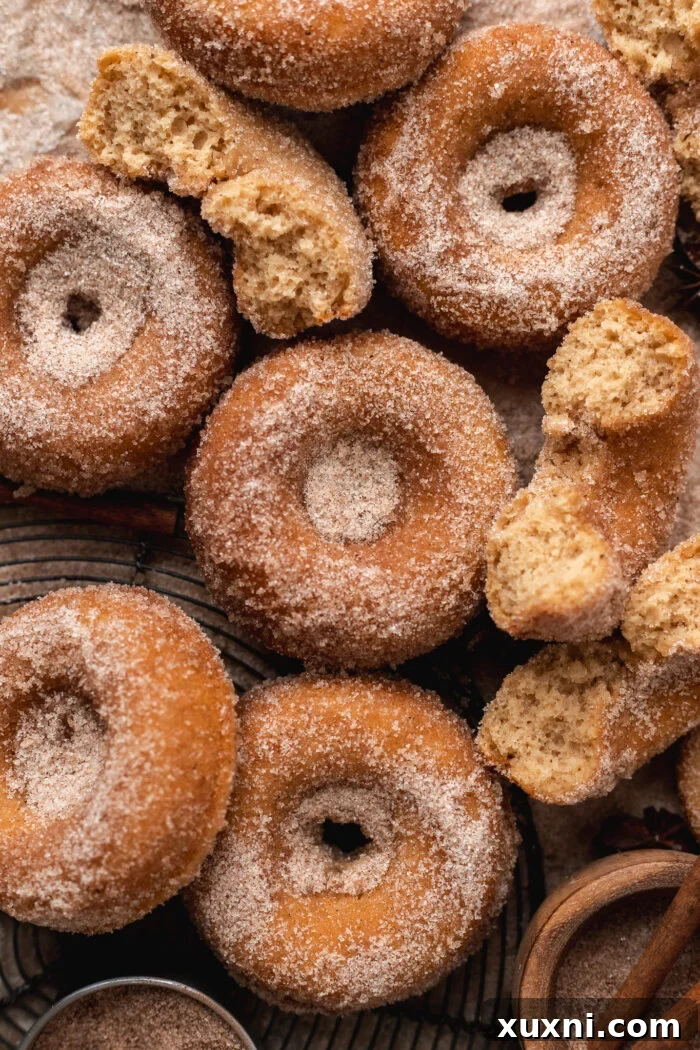 baked vegan apple cider donuts cooling on a wire rack, ready for their cinnamon sugar coating