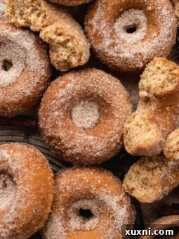 baked apple cider donuts broken open to show interior