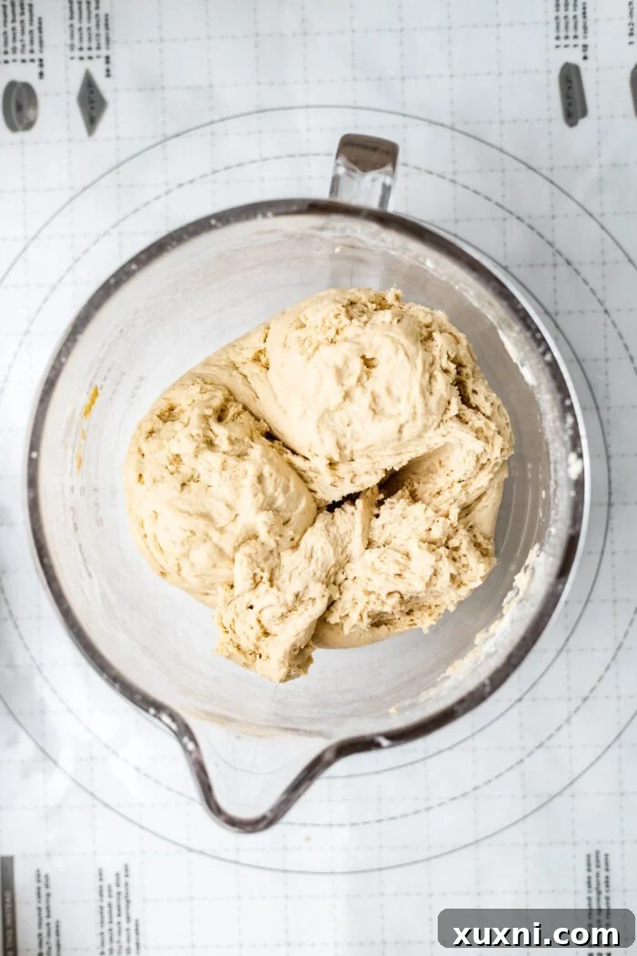 gluten free cinnamon roll dough in KitchenAid bowl