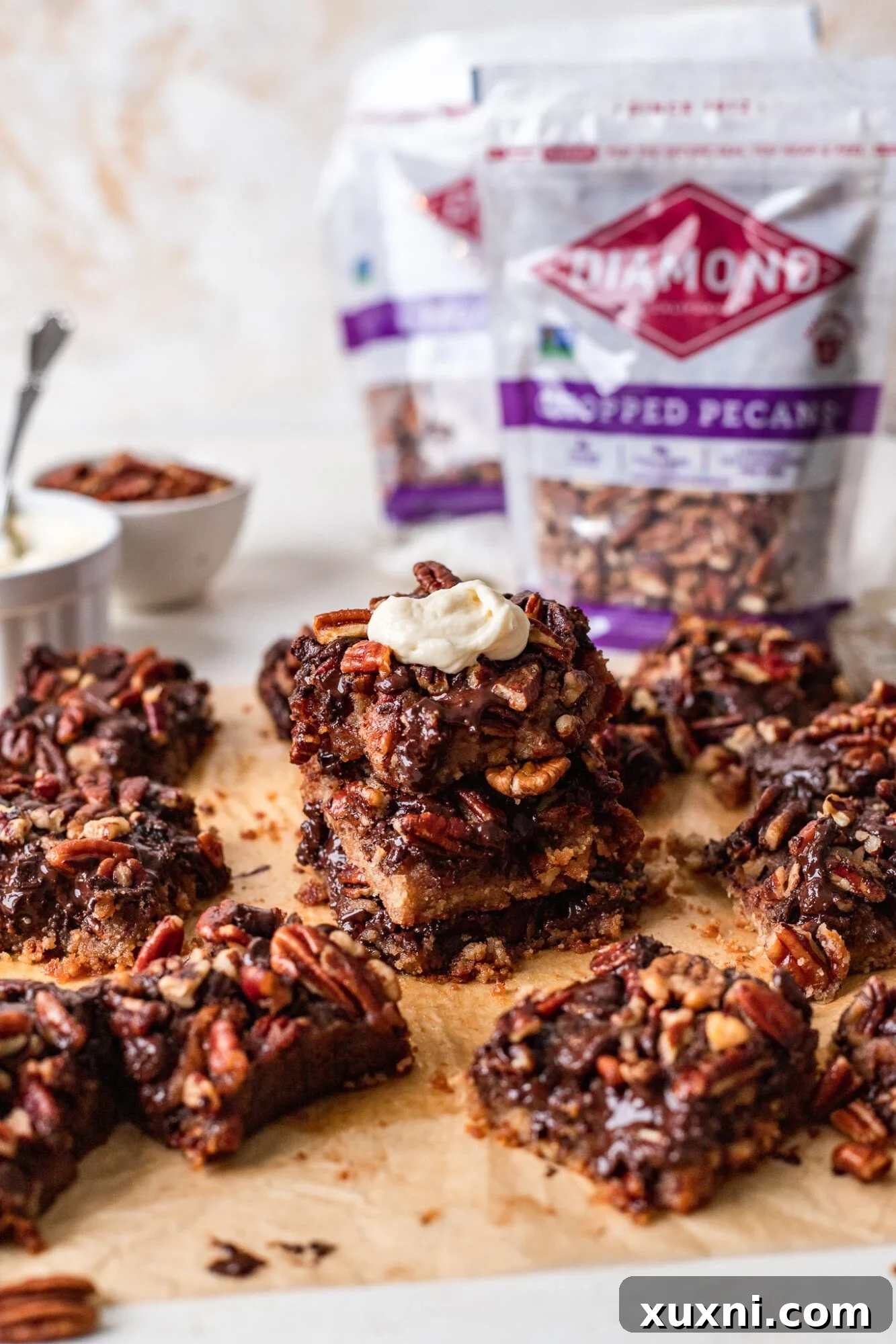 stack of vegan pecan pie bars