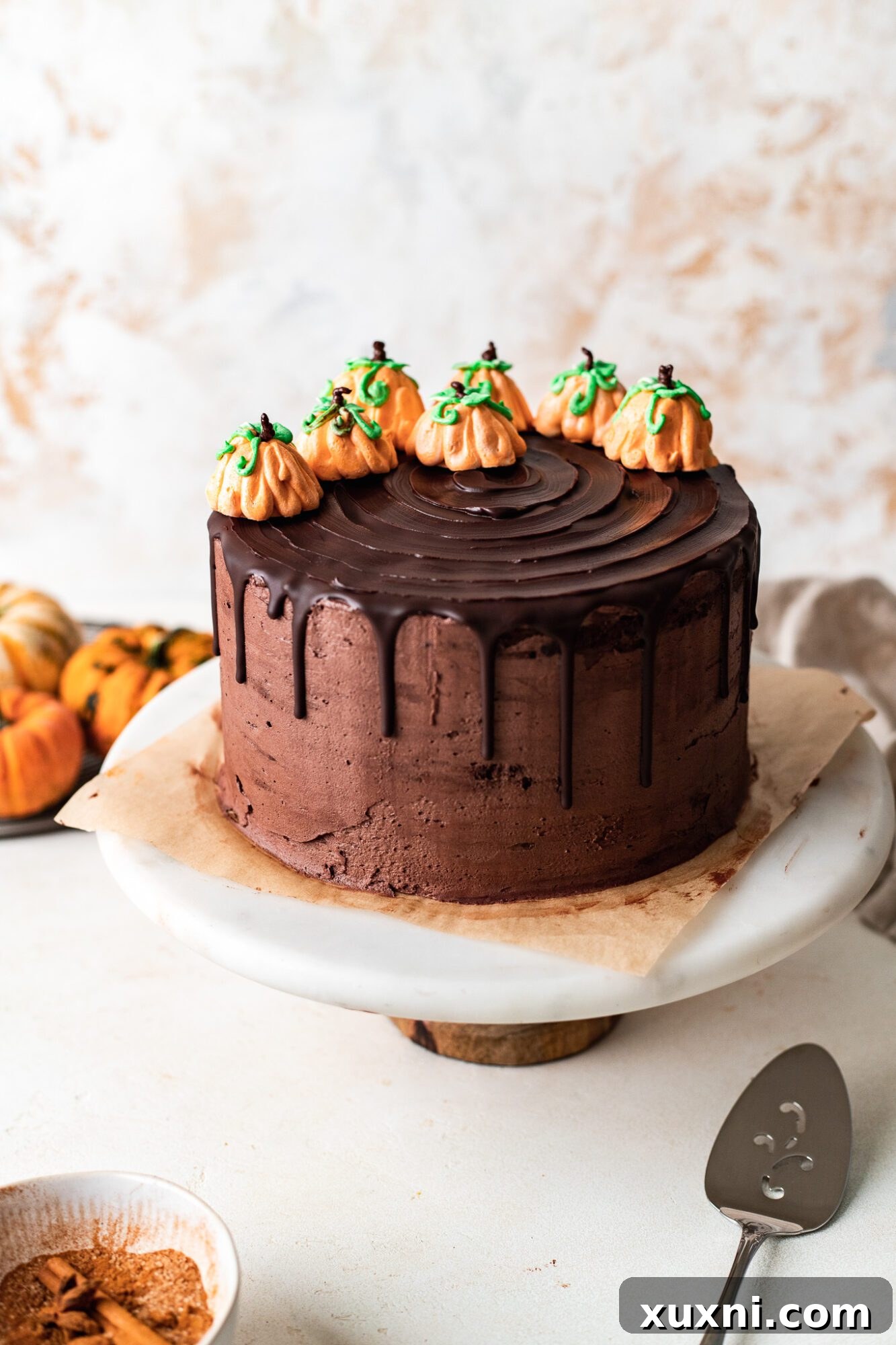 Beautifully decorated vegan pumpkin cake with fall themes