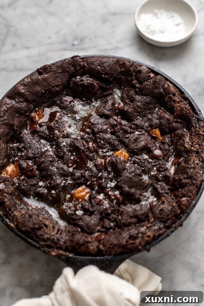 Freshly baked caramel cookie skillet, golden and bubbling