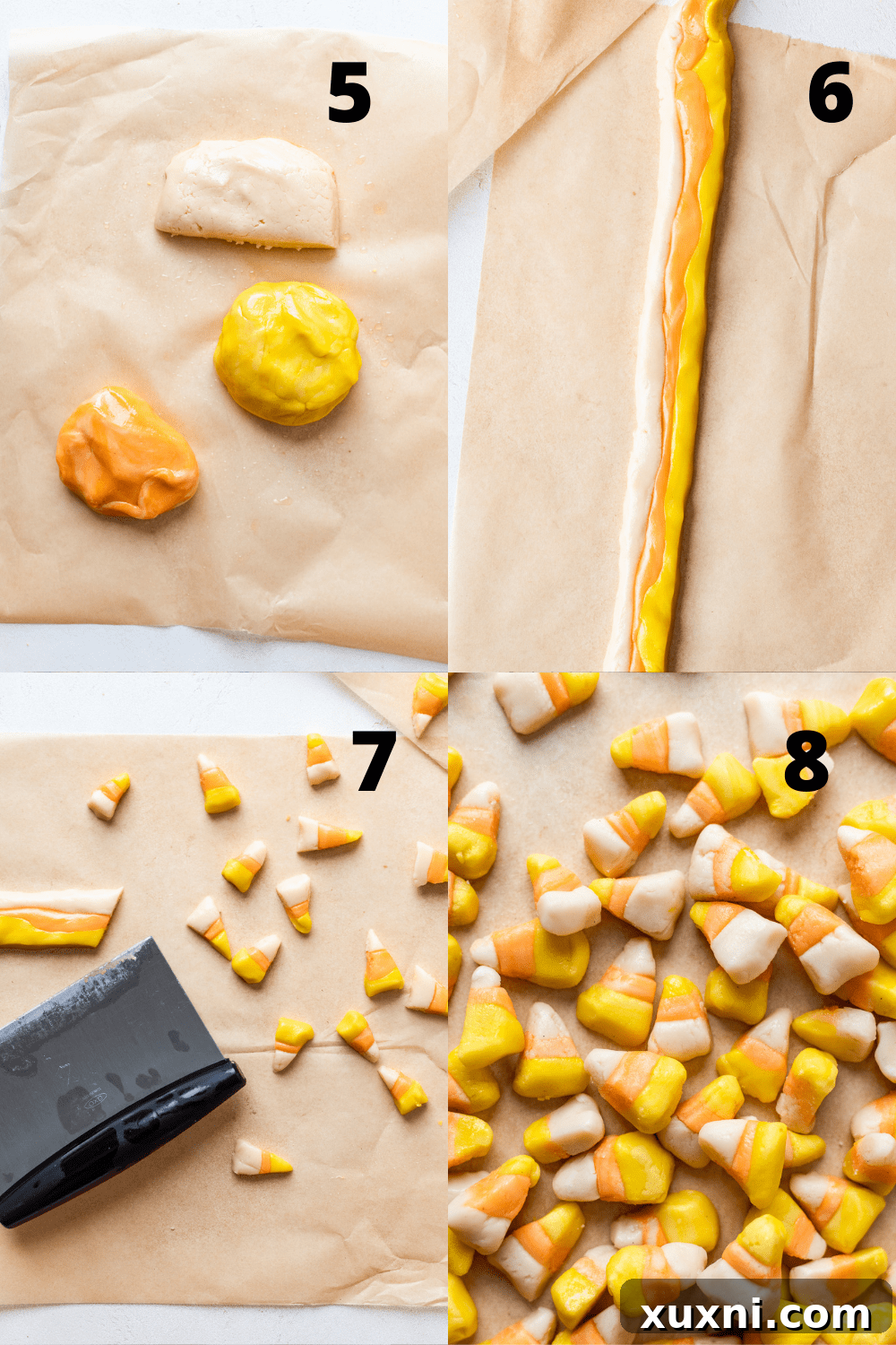 Close-up of freshly sliced homemade vegan candy corn triangles, showing the distinct color layers before chilling.