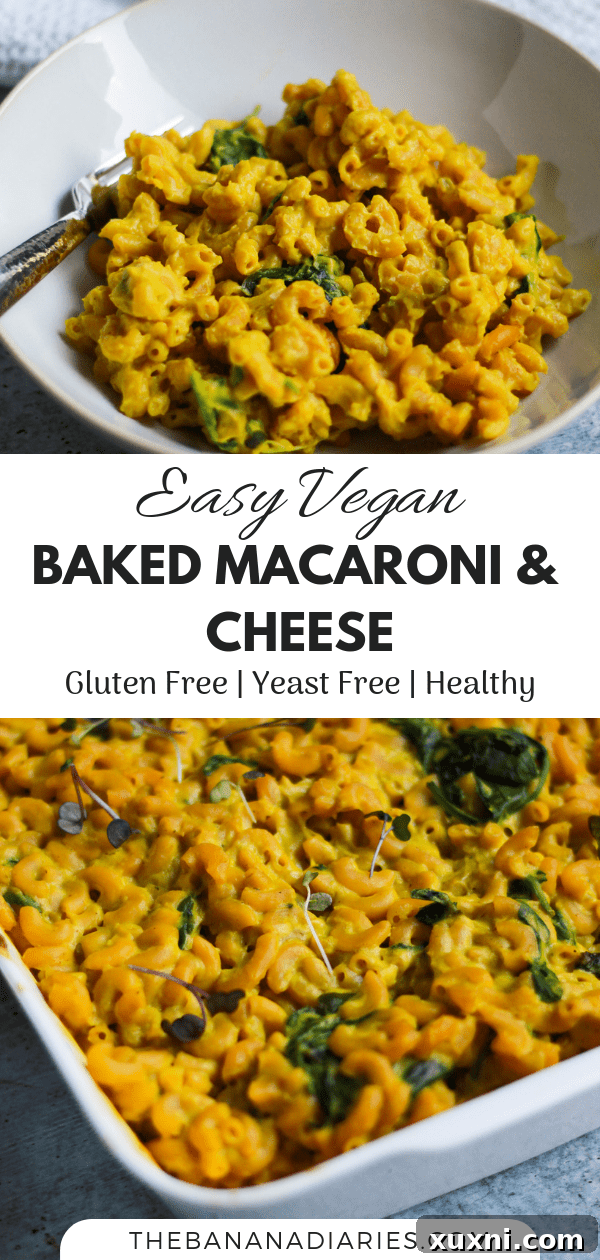 Pinterest image promoting nut-free, dairy-free, gluten-free vegan mac and cheese with a focus on its creamy texture and health benefits.