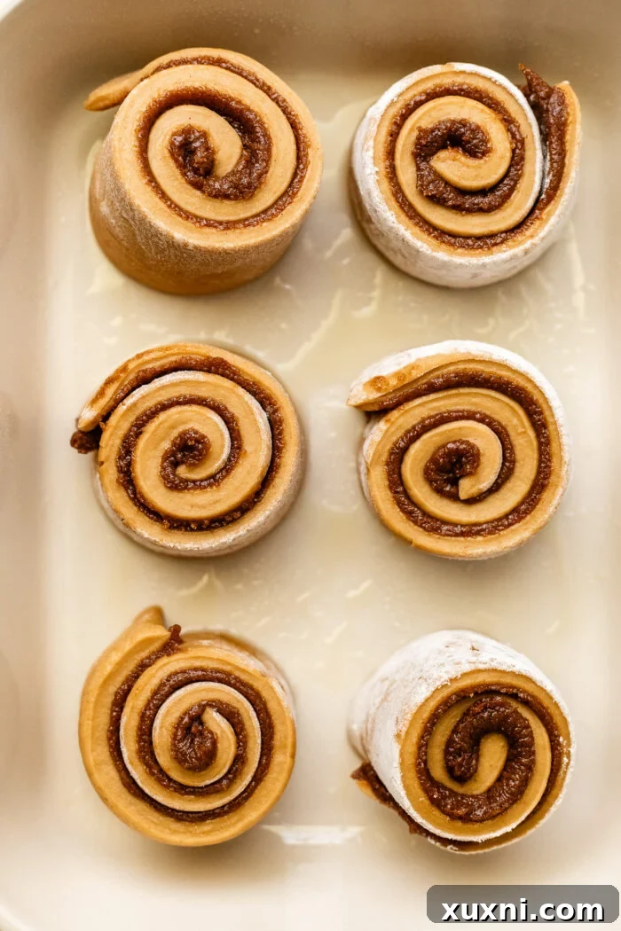 Six unbaked gingerbread cinnamon rolls placed in a casserole dish, ready for second proof.
